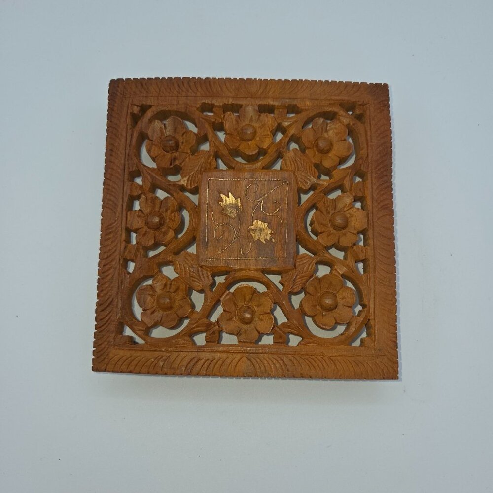 Vintage Hand Carved Square Footed Wooden Trivet Inlaid Floral Design
